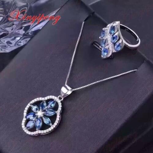 925 gold-plated silver inlaid natural sapphire jewelry suit ring necklace pendant ms group with beautiful and generous