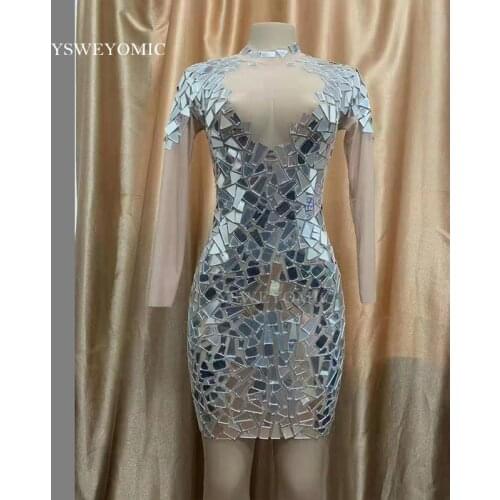 Sparkly Silver Mirrors Mesh Perspective Dress Backless Party Dresses Birthday Celebrate Costume Singer Performance Dance Dress