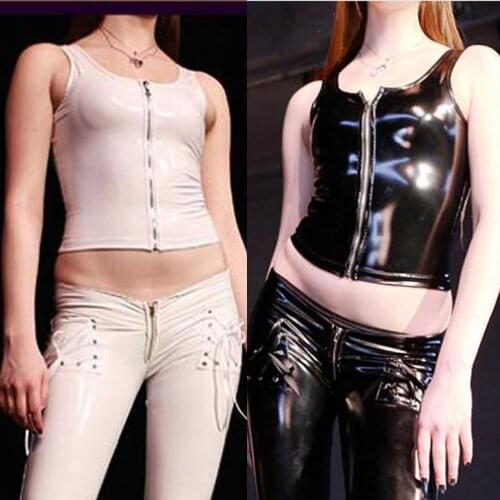 PVC Shiny Crop Top Zipper Open Front Tank Top Women Latex Tops Sexy Streetwear XL Plus Size Cropped Feminino Glazed PU White Top