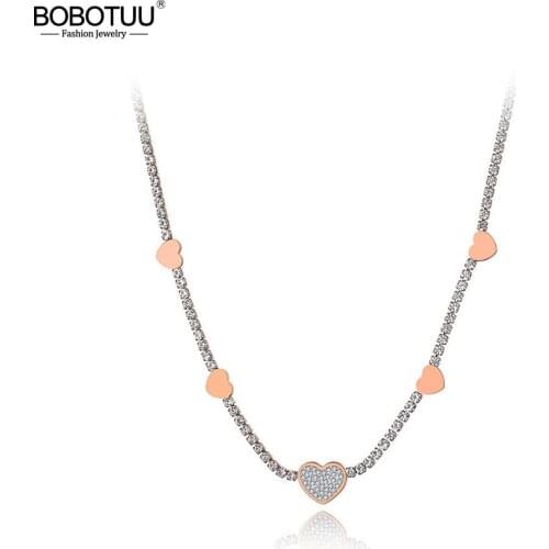 BOBOTUU Titanium Stainless Steel Sparkling CZ Crystal Love Heart Choker Necklaces For Women Chic Rhinestone Necklace BN19190