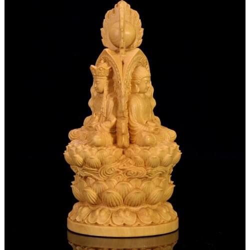 13cm Three Gods Wood Buddha Statue Saints Worship Boxwood Sculpture Guanyin Shakyamuni Home Decor