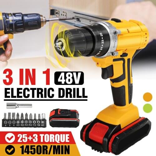 48V Electric Drill 3 In 1 Electric Screwdriver Cordless Drill Impact UK/US/AU Plug 1/2 Battery For Home Operated Rechargeable