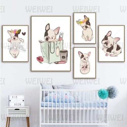 Cartoon Cute Pet Home Decoration Painting Bulldog Nursery Living Room Wall Art Canvas Poster Gift Box Kids Bedroom Print Picture