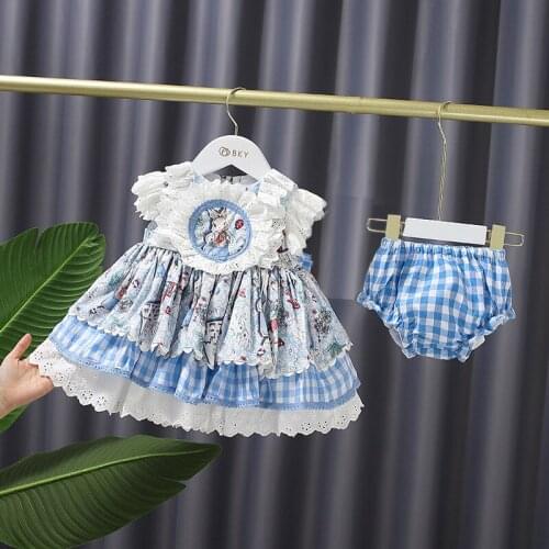 Girl Lolita Princess Dresses For Toddler Children Summer Clothes Vintage Plaid Kids Birthday Party Dress+Panties 2pcs/set