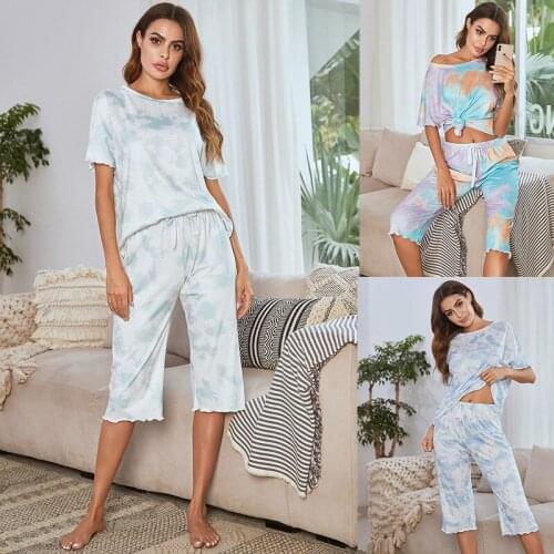 Summer Homewear Floral Printed Pyjama Sleepwear Female Casual Short Sleeve Elastic Waist Nightwear Retro Womens Pajamas Sets