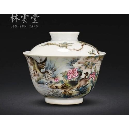 Lin Yuntangs hand-made powder painted erhcai cup, hand-painted bird flower tea bowl, Jingdezhen ceramic tea set