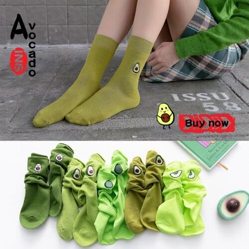 Kawaii green Embroidery Cartoon Cotton Socks Women Fruit Avocado Girls Cute Harajuku Pile Heap Cute Socks Funny