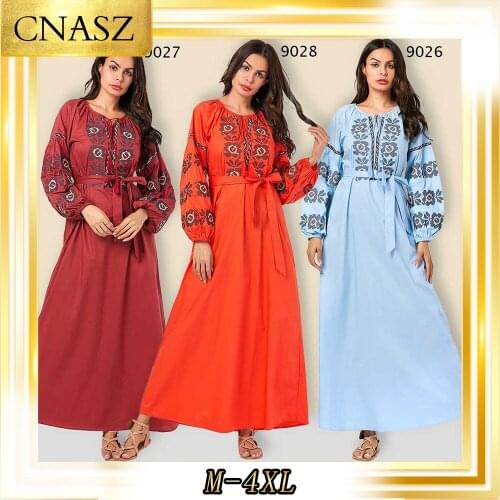 Muslim Dress Gown Fashion Simple Large Size Autumn Loose Embroidered Puff Sleeve Belt Musulmane Femme Dress
