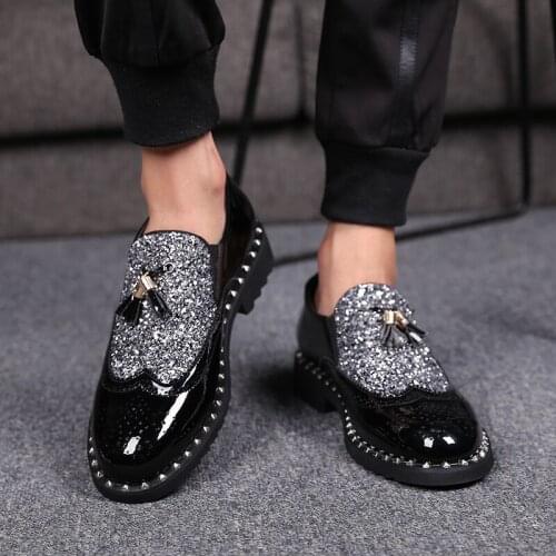 Mens casual nightclub banquet wear patent leather tassel shoes slip-on oxfords shoe pointed toe loafers