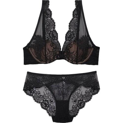 HONVIEY New Sexy Lace Embroidered Cotton Bra Small Chest Gathered Big Breasts Small Deep V Gathered Adjustable Sex Underwear Set