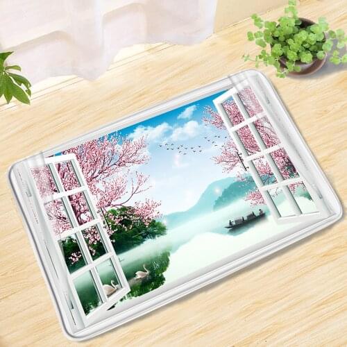 Window Ocean Beach Coconut Tree Landscape Bath Mat Sun Umbrella Lounge Chair Vacation Printing Entrance Door Mat Door Mat Rug