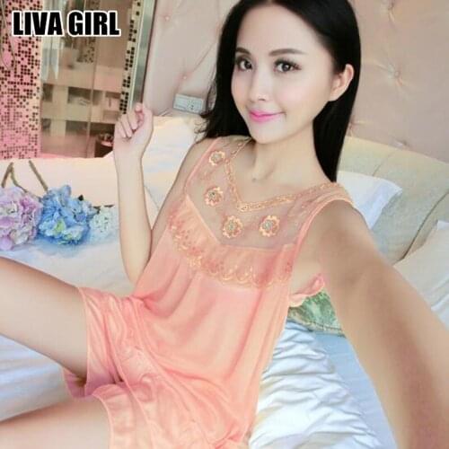 Liva Girl Fresh Style Comfy Sexy Rayon Silk Lace Shorts Sets V-Neck Pajama Set Sleepwear Pajama Suit Fashion For Women Clothings