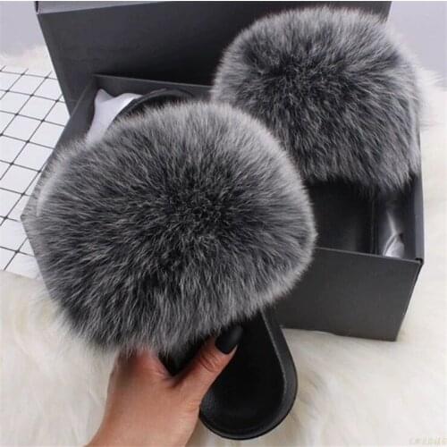 Real Fox Hair Slippers Women Fur Raccoon Fluffy Sliders Jamacia Furry Summer Flats Sweet Ladies Shoes Large Size 45 Wholesale