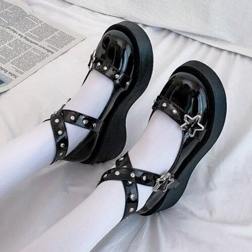 Lolita Shoes Star Buckle Mary Janes Shoes Women Cross-tied Platform Shoes Patent Leather Girls Shoes Rivet Casual Shoes 8570L