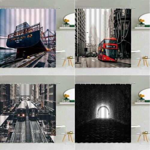 Urban Traffic Building Landscape Shower Curtain Freighter Train Bus Highway Tunnel Bathroom Decor City View Waterproof Curtains