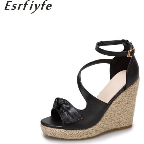 ESRFIYFE 2021 New Women Sandals Summer High Heel Platform Shoes Woman Wedge Platform Weaving Heel Women Shoes Large Size 34-50