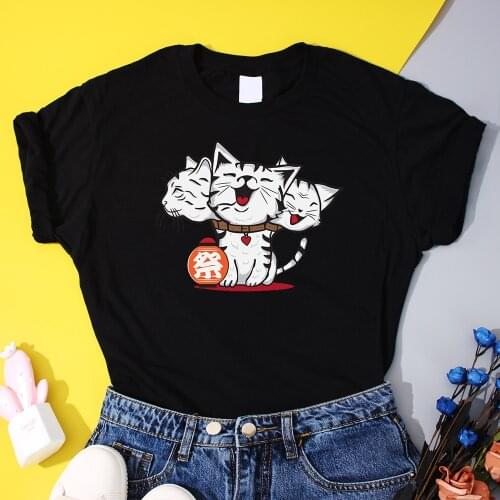Satan’s Lucky Pet Womens T-Shirts Cartoon Kawaii Cute Cat T Shirts Japanese Anime Style Lady Tee Shirt 2021 Summer Casual Tops