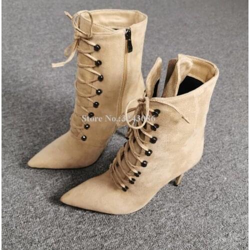 New Beige Color Suede Lace-up Women Short Boots Fashion Pointed Toe Stiletto Heel Ankle Boots Lady Real Photos Boots Dropship
