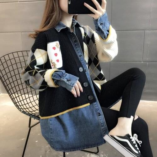 Pullover knitted stitching fake two-piece denim jacket women mid-length new autumn and winter shirt loose sweater cardigan s15