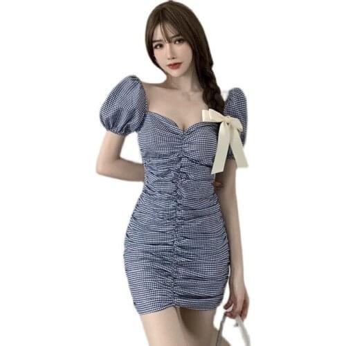ZC3441 2021 summer new women fashion sexy temperament bubble sleeve square collar wrap buttock dress female cheap wholesale