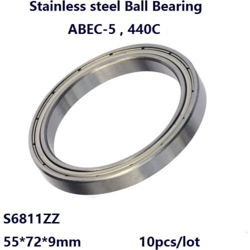 10pcs/lot S6811ZZ S6811 ZZ 55*72*9mm ABEC-5 Stainless steel Ball Bearings Thin Wall Deep Groove Ball bearing 55×72×9mm