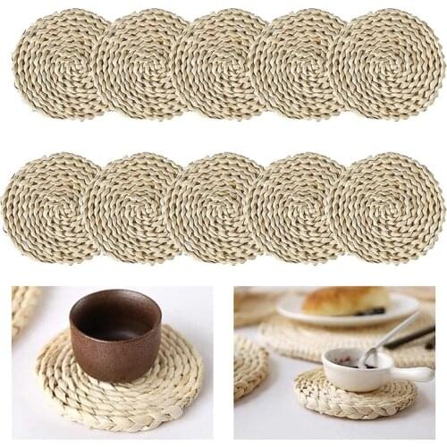 10 Pack Woven Placemats,Coaster,Round Corn Husk Placemat Rattan Table Mats,for Tea Coffee,Heat Insulation Pads,4.3 Inch