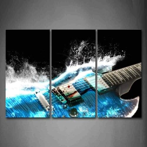 3 Pcs Guitar In Blue And Waves Looks Beautiful Wall Art Painting The Picture Print On Canvas ,Ready To Hang Drop Shipping