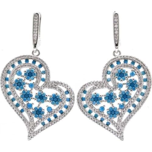 22x14mm Lovely Owl Created Rich Blue Aquamarine White CZ For Ladies Daily Wear Silver Earrings