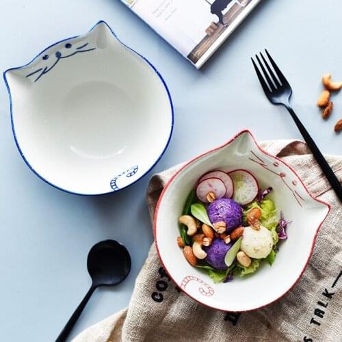 6.3 inch Cartoon Cat Bowl Ceramic Noodle Bowl Blue Red Kitty Bowls Creative Restaurant Maneki Neko Household Soup Bowl