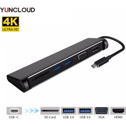 YUNCLOUD 5 in 1 USB Splitter with SD Card Reader USB 3.0 VGA 1080P HDMI 4K Converter For MacBook HUAWEI P20/P20 Pro USB 3.0 HUB