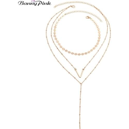 Banny Pink 3 Layer Chain Necklace Set Long Pendant Choker Necklace For Women Punk Sequies V Dangle Choker Clavicle Chain Collar