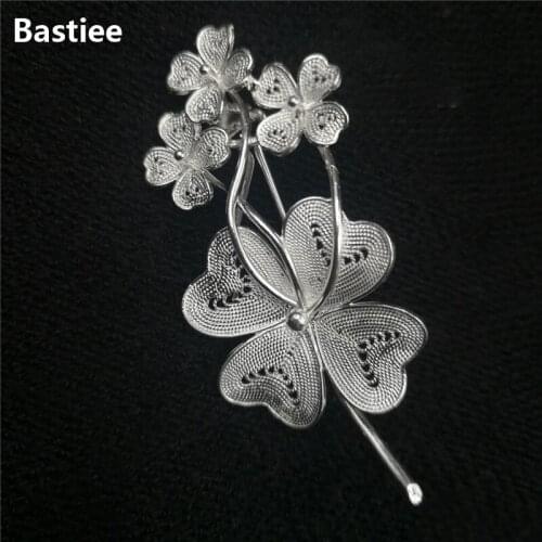 Bastiee 999 Sterling Silver Brooch Women Clover Pins Luxury Fine Jewelry Flower Brooches Elegant Pin Gift Mother Girlfriend