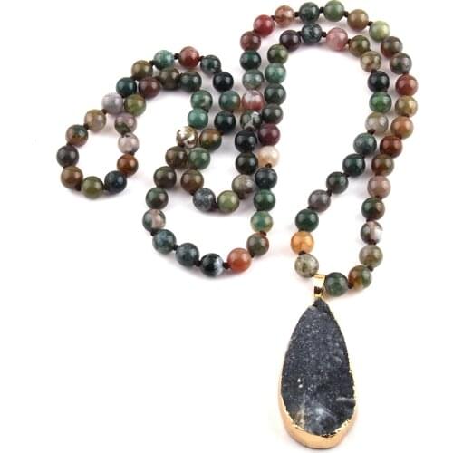 Free Shipping Bohemian Tribal Jewelry long Knotted Natural Druzy Drop Pendant Necklaces