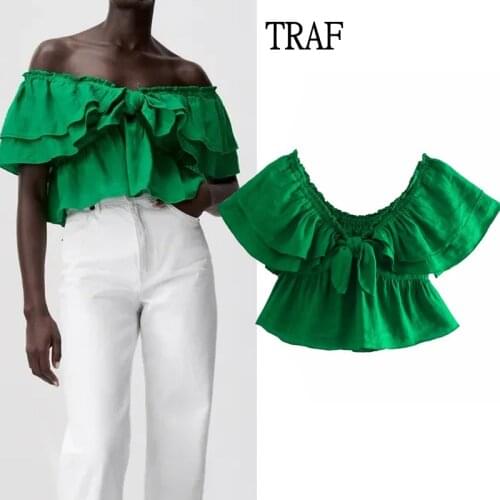TRAF Blouses Za 2021 Summer Top Woman Green Ruched Short Sleeve Shirt Woman Elegant Summer Blouse Bow Short Top Female Shirts