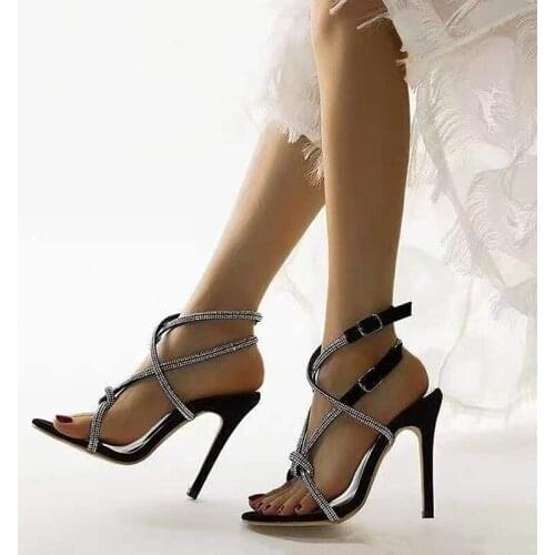 Black Bling Crystal Sexy Sandals For Women Open Toe Rhinestone Strap Cross High Heel Sandals Wedding Dress Shoes