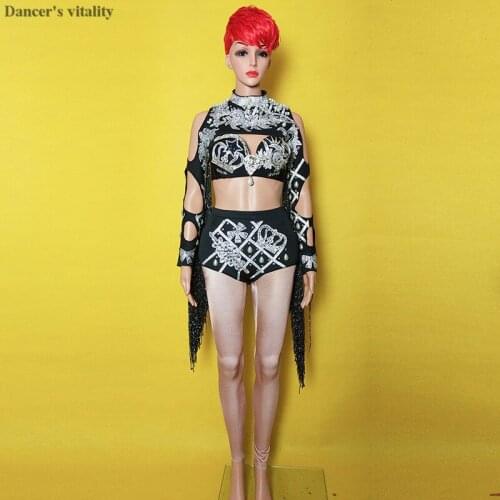 Dj Black Shiny Pearl Tassel Set Bodysuit Costume Pearl 3-piece Set Adult Stage Costumes For Singers Outfit Singer Sexy Clothing