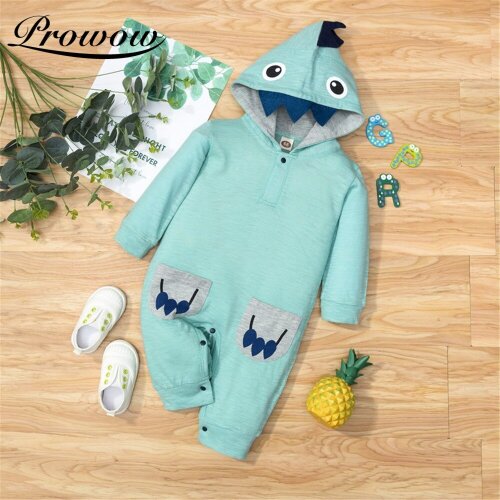 Prowow 2021 Baby Boy Hooded Clothes Shark Jumpsuit For Kids Cartoon Baby Sleepwear Autumn Winter Baby Costume Toddler Boy Romper