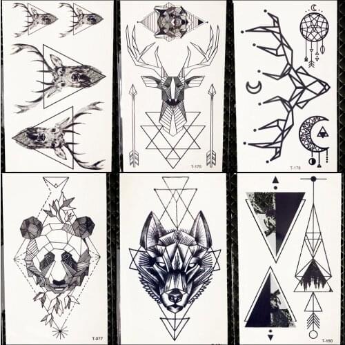 Geometric Wolf Temporary Tattoo Women Deer Elk Horm Small Fake Pencil Sketch Tattoo Arm Sticker Panda Men Chest Sexy Tatoo Moose