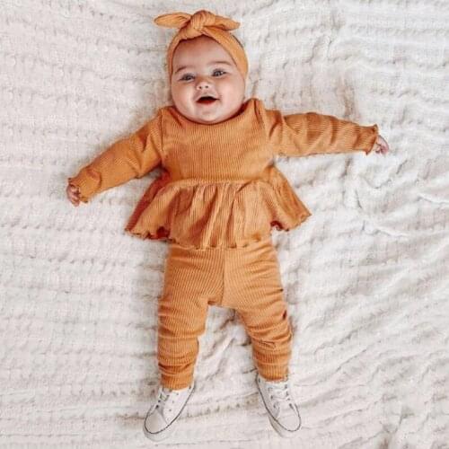 2020 0-4T Autumn Newborn Baby Girls Clohtes Set Long Sleeve Solid Romper + Long Pants + Headband 3Pcs Outfits