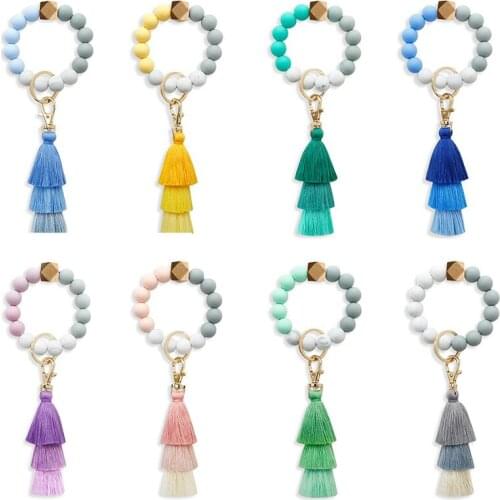 Trendy Silicone Beaded Bracelet Womens Creative Cotton Thread Tassel Keychain Alloy Charms Accessories