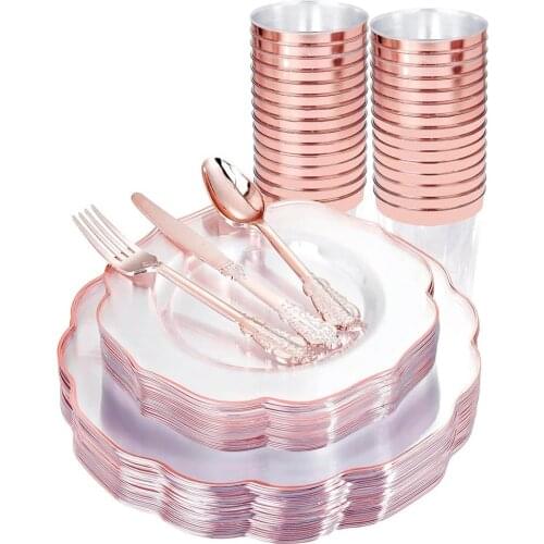Rose Gold Party Disposable Tableware Set Party Table Decoration Plastic Plate Cup Silverware Wedding Birthday Party Supplies