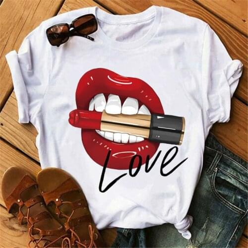 New Fashion Shirt Red Lips T-shirt Womens Top O-neck Black Ladies T-shirt Lipstick Lips Funny Girl Oversized T-shirt XS-3XL