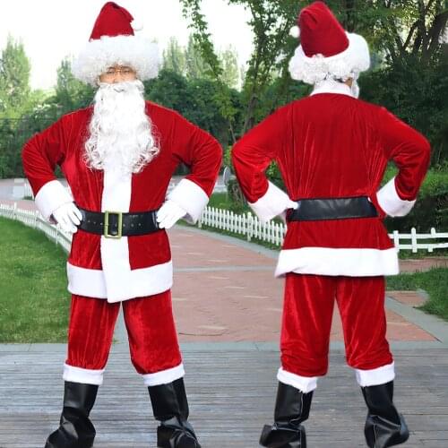 New Christmas Santa Claus Costume For Men Adult Fancy Cosplay Costumes Party Red Suit Coat Pants Beard Belt Hat Plus Size 6XL