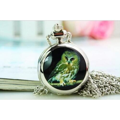 Wholesale silver lady girl woman child kid fashion black owl quartz pocket watch antique analog chain leaf enamel PJ52