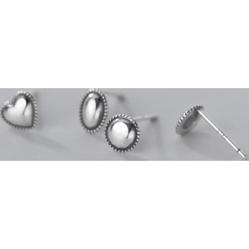 Real 925 Sterling Silver Geometric Stud Earrings Round Heart Oval Shape Vintage Earring Hypoallergenic Jewelry for Women Girls