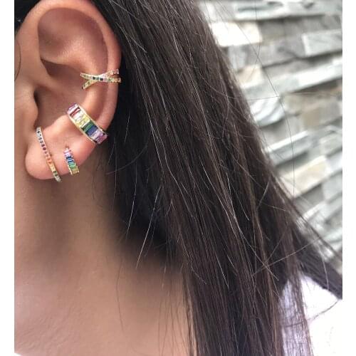 Fashion Jewelry Brinco Rainbow Cz E Shape Stud Earrings 925 Silver Colorful Semi Circle Earrings Studs Women Girls Bijoux New