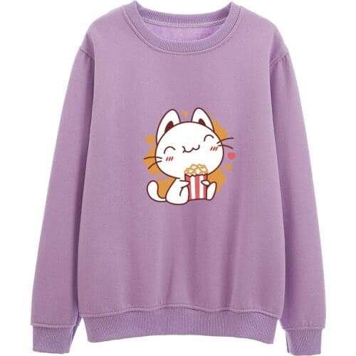 Kawaii Cartoon Cat Print Hoodie Crewneck Cotton Sweatshirt Long Sleeve Funny Hoody Harajuku Fashion Womens Casual Korean Tops