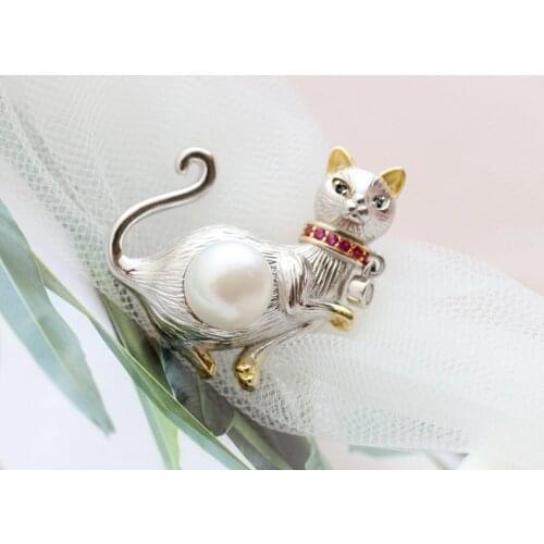 UBESTNICE Trendy S925 Sterling Silver Natural Freshwater Pearl 9mm Lovely Cat Animal Brooches For Women Girl Gift Fine Jewelry