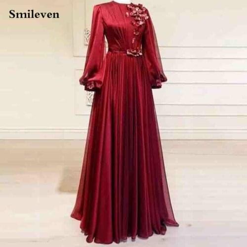 Smileven Dark Red 3D Flowers Formal Evening Dresses Puff Sleeve Prom Dresses Muslim Party Gowns Robe De Soiree