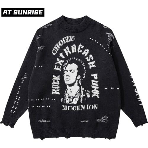 Mens Hip Hop Streetwear Harajuku Sweater Vintage Retro Ripped letter Anime Knitted Sweater 2021 Autumn Cotton Pullover black